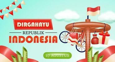 Happy Indonesian Independence Day. Red and White. August 17th. 3d illustration of pinang climbing, Indonesian flag and pointed bamboo, suitable banne for events vector