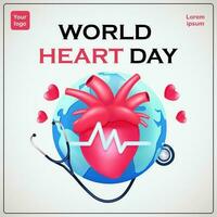 mundo corazón día concepto, corazón con estetoscopio en tierra fondo, 3d ilustración. adecuado para eventos y salud educación vector