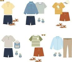 Summer outfits for boy, teenager, man. Essential Boy's Clothes. Basic capsule wardrobe. Shirt, t shirt, trosers, jacket, shooes, cap, sunglasses. Set of fashion modern clothes. Vector illlustration.