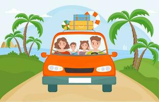 Happy family riding A car. Summer traveling by automobile. Parents and two children on vacation. Summer road trip. Family with children in the red car. vector