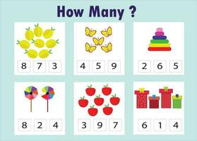 Printable  How many objects task. Learning mathematics, numbers, addition theme Counting educational children game vector