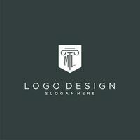 ML monogram with pillar and shield logo design, luxury and elegant logo for legal firm vector