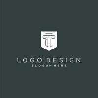 QL monogram with pillar and shield logo design, luxury and elegant logo for legal firm vector