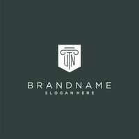 UN monogram with pillar and shield logo design, luxury and elegant logo for legal firm vector