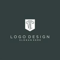 VL monogram with pillar and shield logo design, luxury and elegant logo for legal firm vector