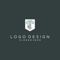 WL monogram with pillar and shield logo design, luxury and elegant logo for legal firm vector