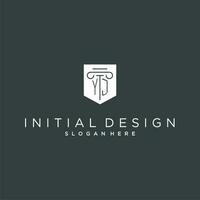 YJ monogram with pillar and shield logo design, luxury and elegant logo for legal firm vector