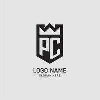 Initial PC logo shield shape, creative esport logo design vector