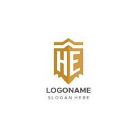 Monogram HE logo with shield geometric shape, elegant luxury initial logo design vector