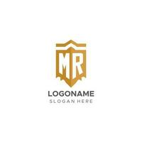 Monogram MR logo with shield geometric shape, elegant luxury initial logo design vector