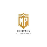 Monogram MP logo with shield geometric shape, elegant luxury initial logo design vector