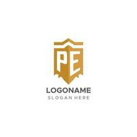 Monogram PE logo with shield geometric shape, elegant luxury initial logo design vector