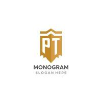 Monogram PT logo with shield geometric shape, elegant luxury initial logo design vector