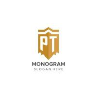 monograma pt logo con proteger geométrico forma, elegante lujo inicial logo diseño vector