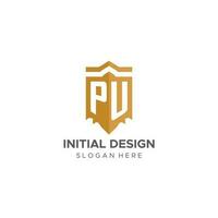 Monogram PU logo with shield geometric shape, elegant luxury initial logo design vector