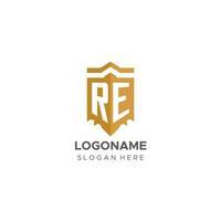 Monogram RE logo with shield geometric shape, elegant luxury initial logo design vector
