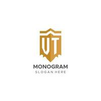 Monogram VT logo with shield geometric shape, elegant luxury initial logo design vector