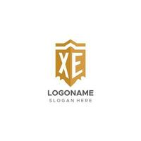 Monogram XE logo with shield geometric shape, elegant luxury initial logo design vector