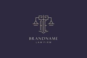 Initial letter AE logo with scale of justice logo design, luxury legal logo geometric style vector
