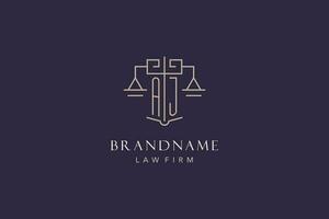 Initial letter AJ logo with scale of justice logo design, luxury legal logo geometric style vector