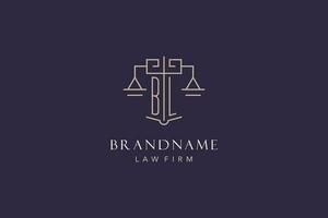 Initial letter BL logo with scale of justice logo design, luxury legal logo geometric style vector