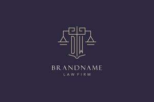 Initial letter DW logo with scale of justice logo design, luxury legal logo geometric style vector