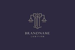 Initial letter DT logo with scale of justice logo design, luxury legal logo geometric style vector