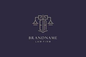 Initial letter EA logo with scale of justice logo design, luxury legal logo geometric style vector