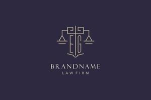 Initial letter EG logo with scale of justice logo design, luxury legal logo geometric style vector