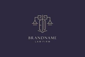 Initial letter EO logo with scale of justice logo design, luxury legal logo geometric style vector