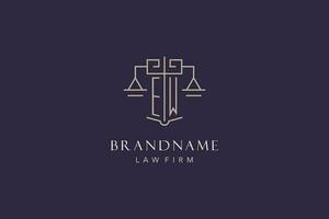 Initial letter EW logo with scale of justice logo design, luxury legal logo geometric style vector