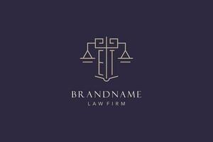 Initial letter ET logo with scale of justice logo design, luxury legal logo geometric style vector