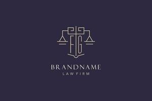 Initial letter FG logo with scale of justice logo design, luxury legal logo geometric style vector