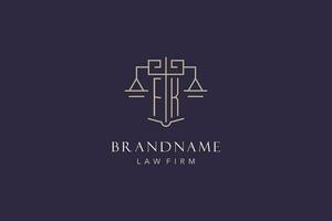 Initial letter FK logo with scale of justice logo design, luxury legal logo geometric style vector