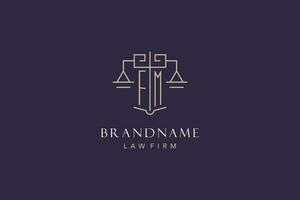 Initial letter FM logo with scale of justice logo design, luxury legal logo geometric style vector