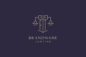 Initial letter FT logo with scale of justice logo design, luxury legal logo geometric style vector