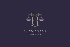 Initial letter GR logo with scale of justice logo design, luxury legal logo geometric style vector