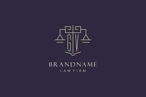 Initial letter GV logo with scale of justice logo design, luxury legal logo geometric style vector