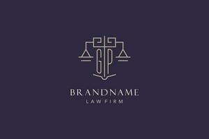 Initial letter GP logo with scale of justice logo design, luxury legal logo geometric style vector