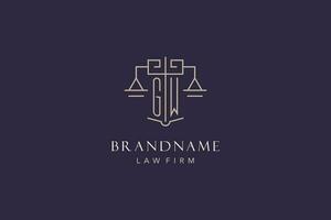 Initial letter GW logo with scale of justice logo design, luxury legal logo geometric style vector