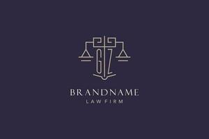 Initial letter GZ logo with scale of justice logo design, luxury legal logo geometric style vector