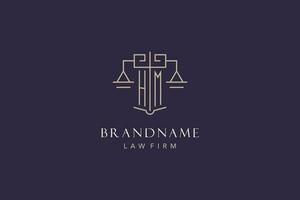 Initial letter HM logo with scale of justice logo design, luxury legal logo geometric style vector