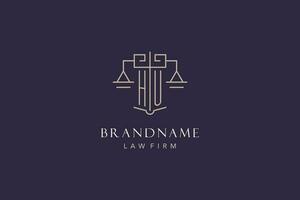 Initial letter HU logo with scale of justice logo design, luxury legal logo geometric style vector