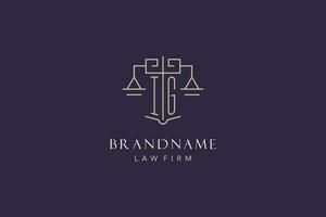 Initial letter IG logo with scale of justice logo design, luxury legal logo geometric style vector