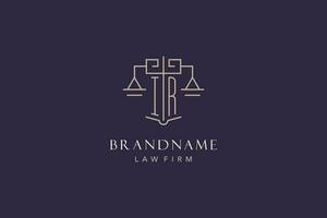 Initial letter IR logo with scale of justice logo design, luxury legal logo geometric style vector