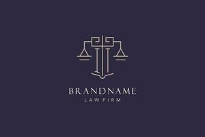 Initial letter IT logo with scale of justice logo design, luxury legal logo geometric style vector