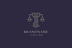 Initial letter JE logo with scale of justice logo design, luxury legal logo geometric style vector