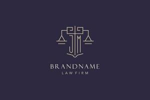 Initial letter JM logo with scale of justice logo design, luxury legal logo geometric style vector