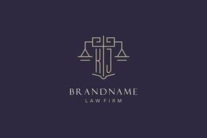 Initial letter KJ logo with scale of justice logo design, luxury legal logo geometric style vector