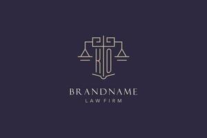 Initial letter KO logo with scale of justice logo design, luxury legal logo geometric style vector